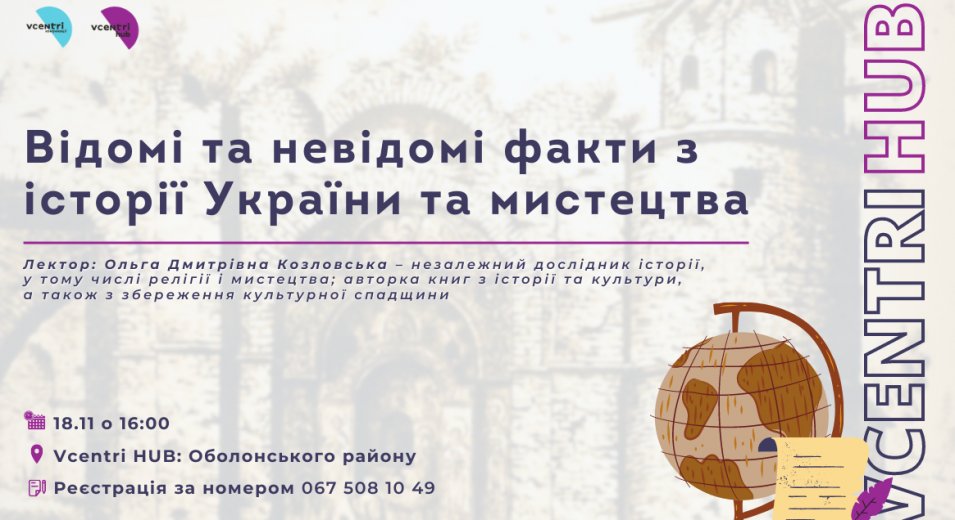 Цикл лекцій « Відомі та невідомі факти з історії України та мистецтва» у Vcentri HUB: Оболонь